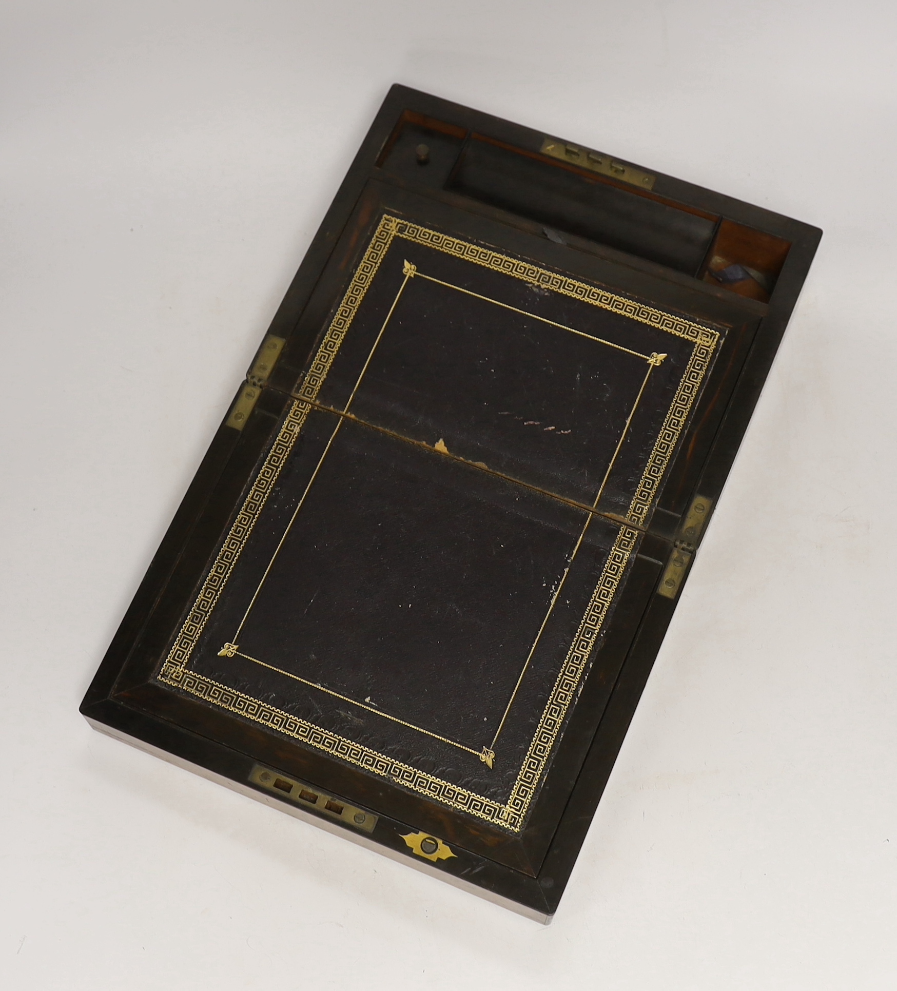 A Victorian burr walnut writing box with tooled leather slope and brass mounts, 30cm wide